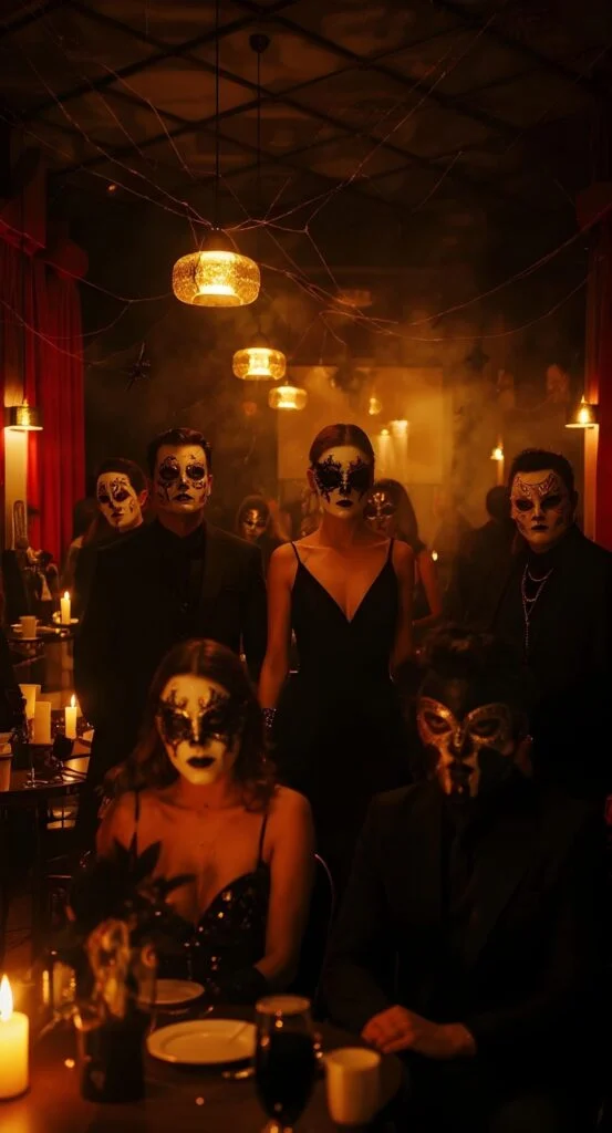 Invitados con máscaras en la cena de Halloween de Le Petit LØV